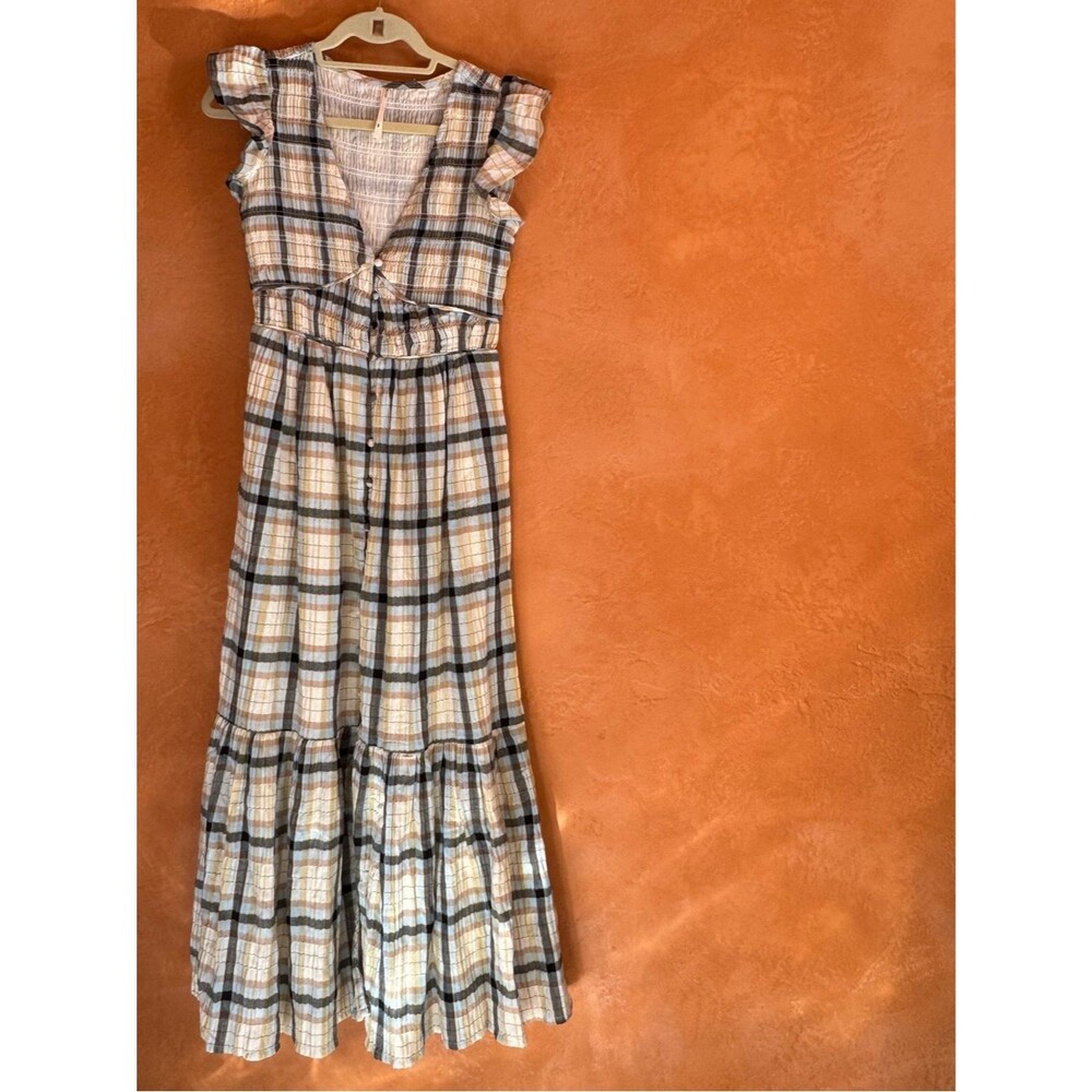 Anthropologie Plaid Smocked Tiered Maxi Dress XXS Cottagecore